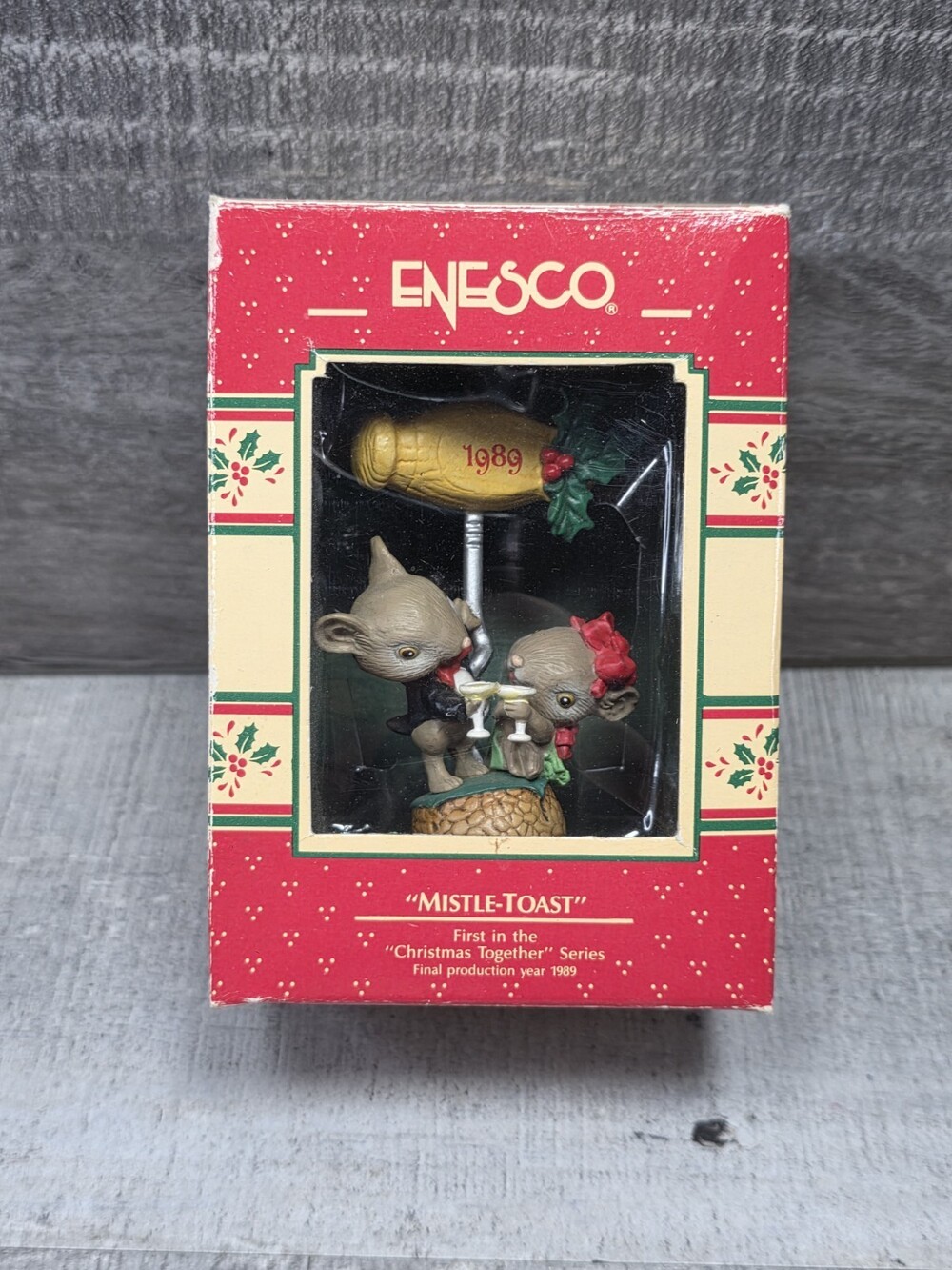 Enesco MISTLE TOAST Christmas Together Mice Ornament VTG 1989 Mouse Wine g44